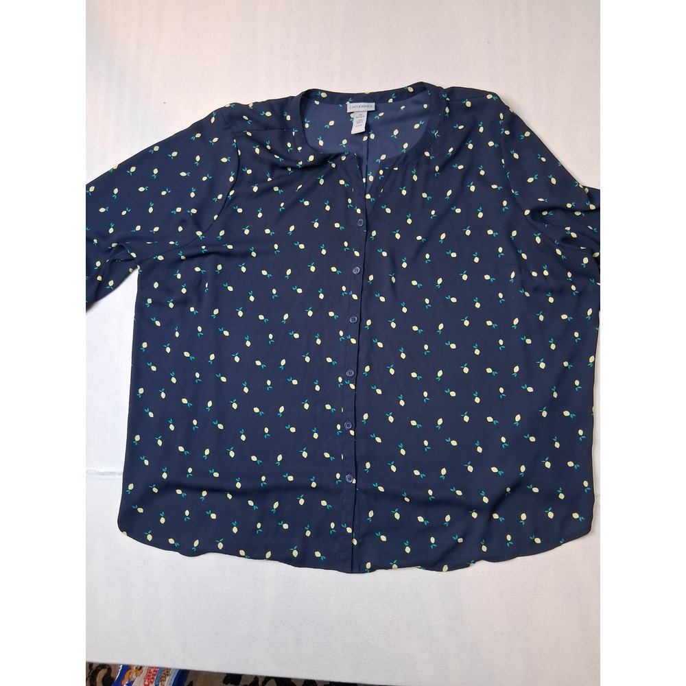 Catherines Navy Blue Lemon Print Button Down Blouse Top 4X 30/32W Roll Tab 2505